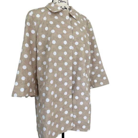CHICO’S POLKA DOT JACKET TAN/WHITE PLEAT BACK 3/4 SLEEVES 
SZ 16 SOPHISTICATED - Picture 15 of 16